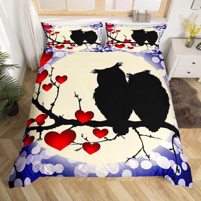 Owl Couples Hearts Print Bed Set
