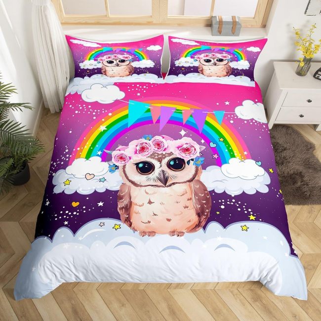 Rainbow Kids Owl Print Bed Set