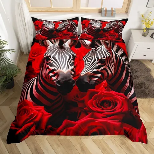 Rose Couples Zebra Print Bed Set