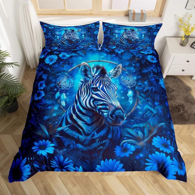 Blue Blossoms Zebra Print Bed Set