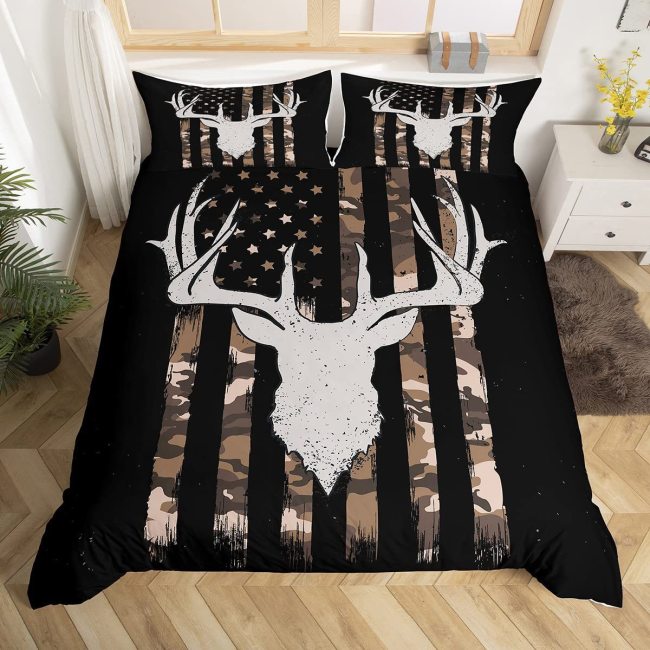 Camo Flag Deer Antler Print Bed Set