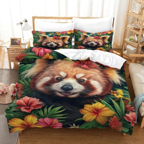 Floral Red Panda Print Bed Set