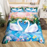 Cartoon Swan Floral Print Bed Set