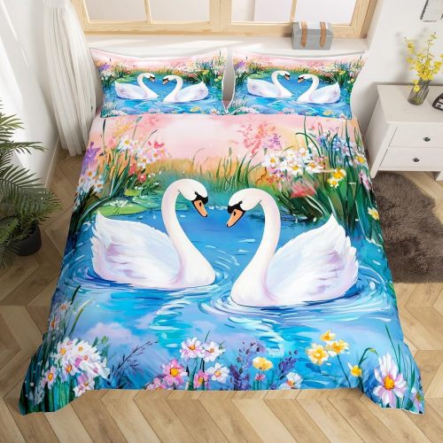 Cartoon Swan Floral Print Bed Set