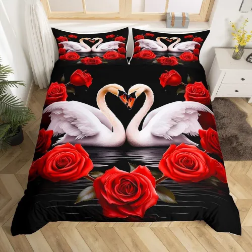 Swan Rose Print Bed Set