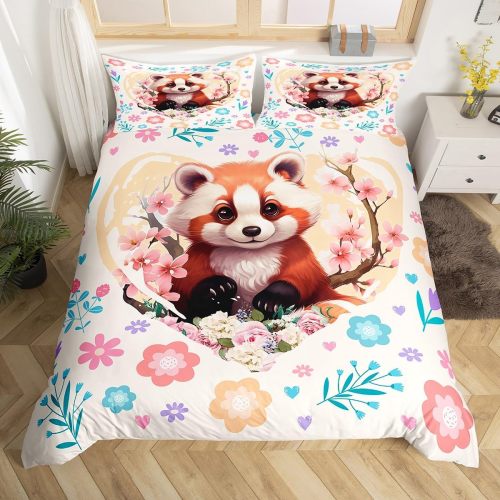 Floral Cartoon Red Panda Bed Set