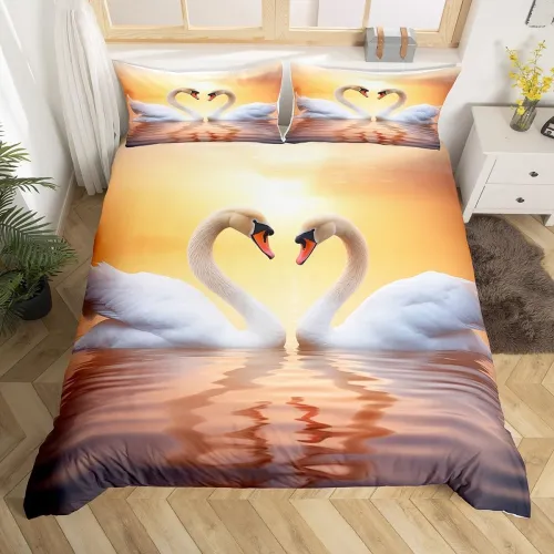 Swan Couple Print Bed Set