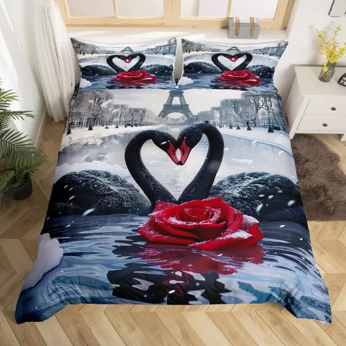 Black Swan Couple Print Bed Set