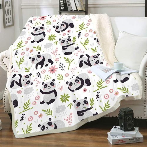Cartoon Panda Leaves Print Blanket