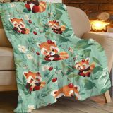 Cute Cartoon Red Panda Cherry Print Blanket