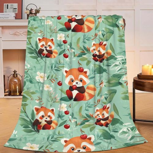 Cute Cartoon Red Panda Cherry Print Blanket