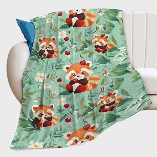Cute Cartoon Red Panda Cherry Print Blanket