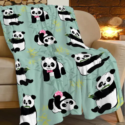 Panda And Bamboo Leaves Print Blanket