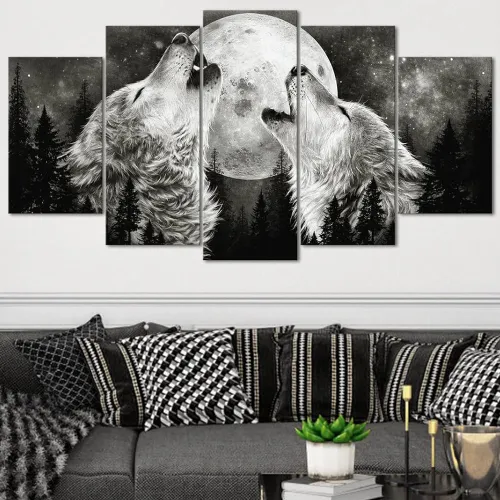 Wolf Couples Howling At Moon Canvas Painting