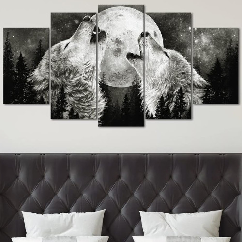 Wolf Couples Howling At Moon Canvas Painting