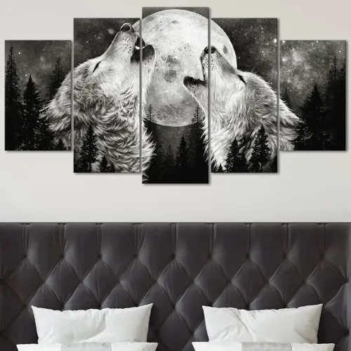 Wolf Couples Howling At Moon Canvas Painting