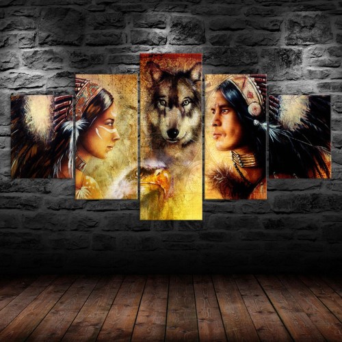 Wolf And Native Indians Canvas Painting