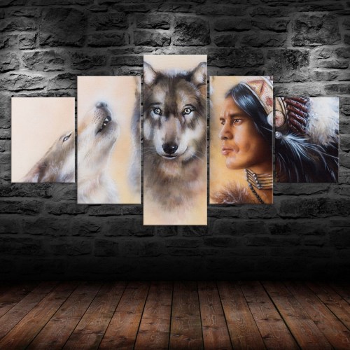 Wolf And Native Indians Canvas Painting