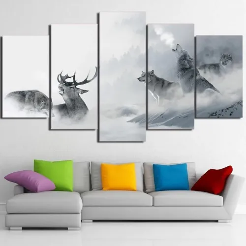 Wolf Packs And Elk Print Canvas Painting