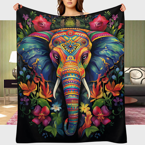 Floral Colorful Elephant Fleece Blanket
