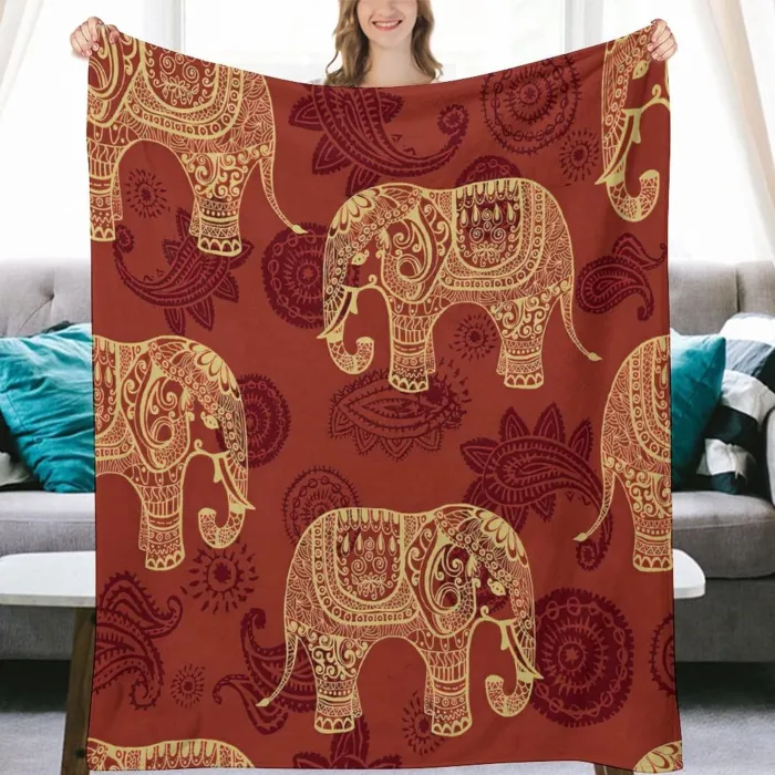 Elephant Print Red Blanket