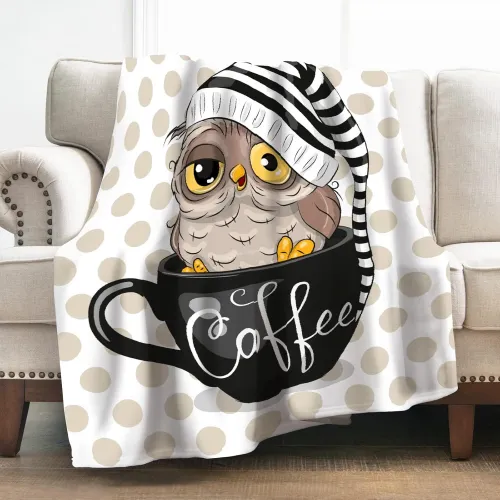 Funny Cartoon Coffee Owl Plush Blanket