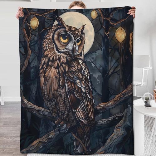 Night Moon Owl Print Fleece Blanket