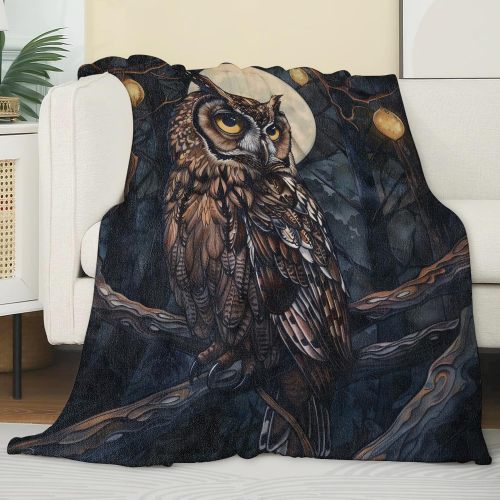 Night Moon Owl Print Fleece Blanket