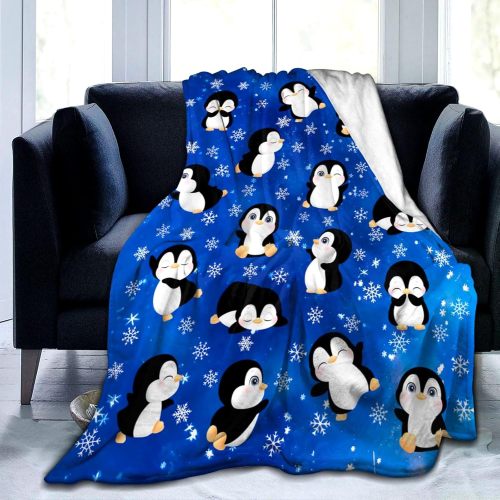 Blue Snowflakes Penguins Fleece Blanket