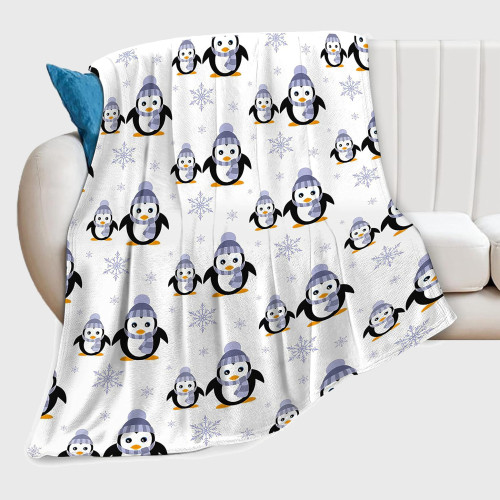 Winter Snowflakes Penguins Flannel Blanket