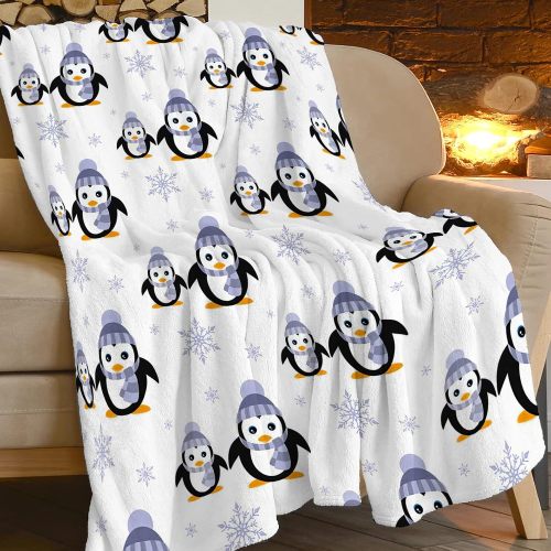 Winter Snowflakes Penguins Flannel Blanket