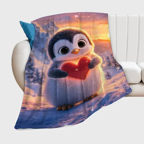 Cute Heart Penguin Plush Blanket