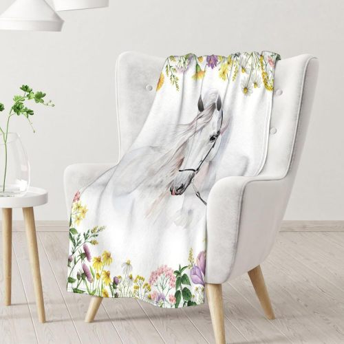 White Horse Floral Plush Blanket