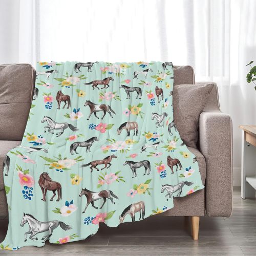 Floral Cartoon Horses Plush Blanket