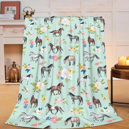 Floral Cartoon Horses Plush Blanket