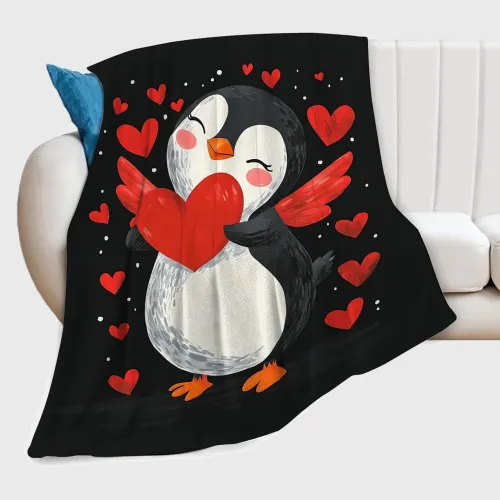 Lovely Heart Penguin Plush Blanket