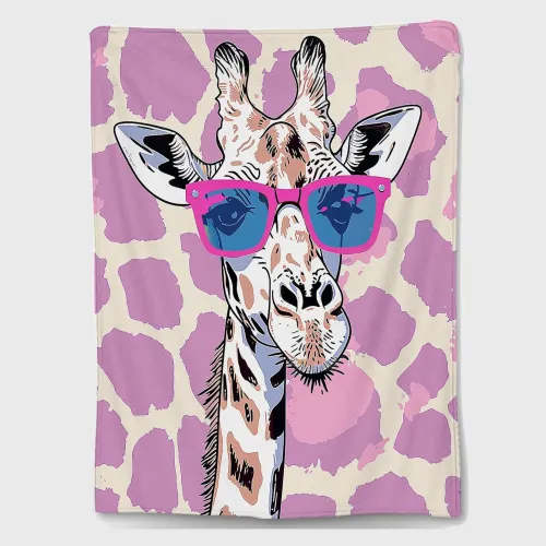Pink Giraffe With Sunglasses Plush Blanket