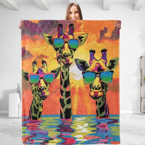 Watercolor Giraffe With Sunglasses Plush Blanket