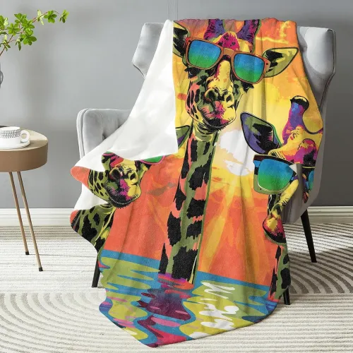 Watercolor Giraffe With Sunglasses Plush Blanket