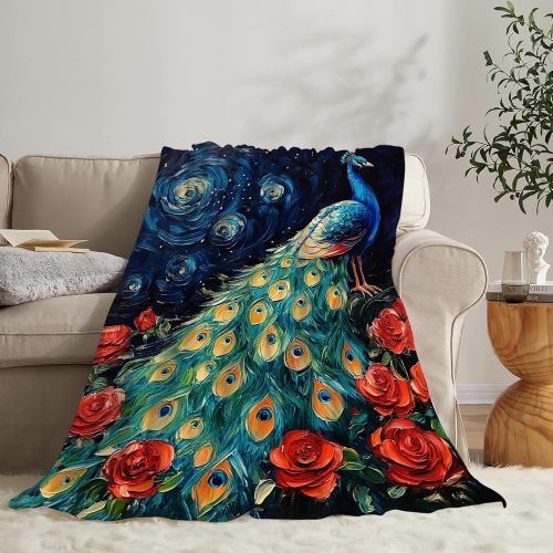 Rose Peacock Print Fleece Blanket