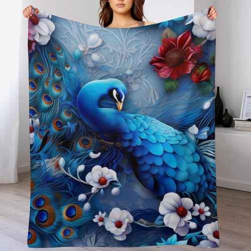 Blue Peacock Floral Throw Blanket