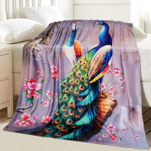 Couples Peacock Floral Print Flannel Blanket