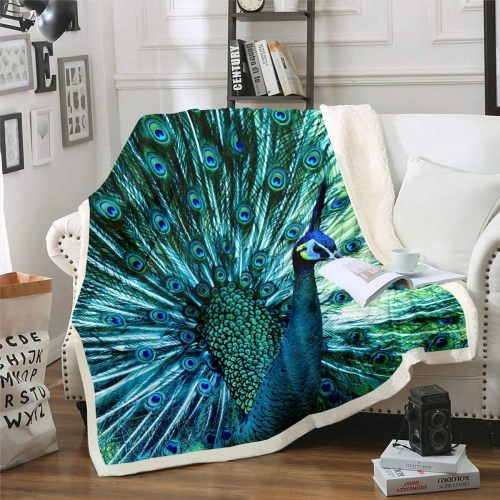Green Peacock Print Blanket