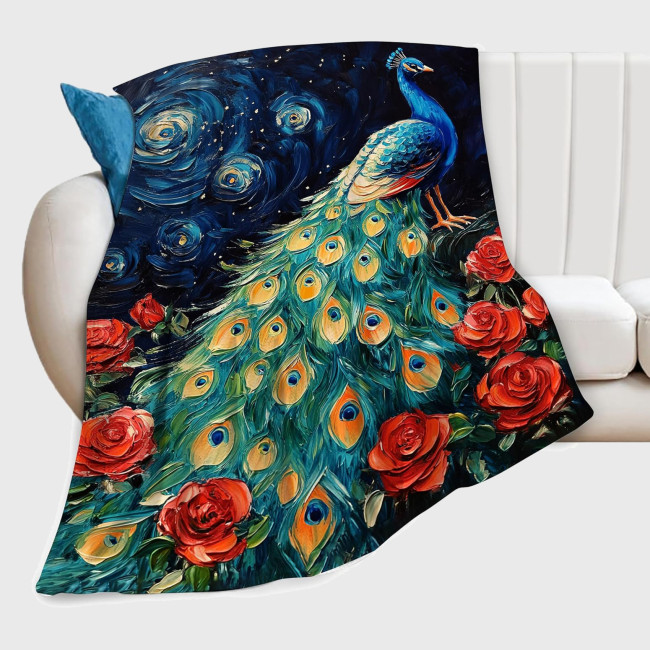 Rose Peacock Print Fleece Blanket