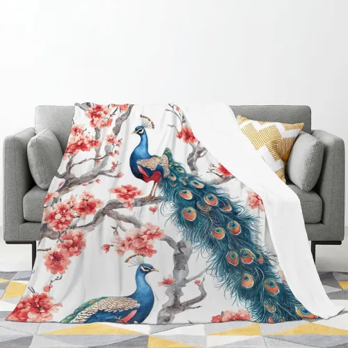 Plum Blossoms Peacock Fleece Blanket