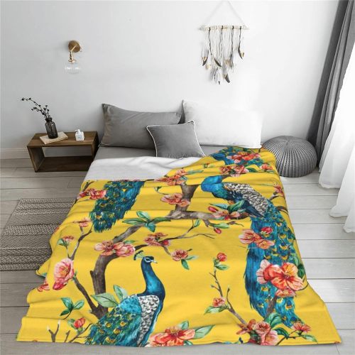 Yellow Peacock Floral Throw Blanket