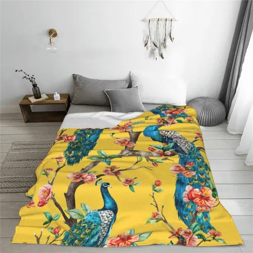 Yellow Peacock Floral Throw Blanket