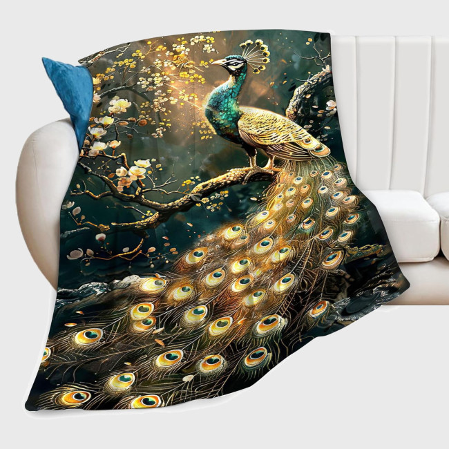 Gold Peacock Tree Fleece Blanket