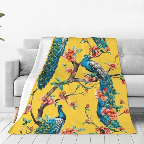 Yellow Peacock Floral Throw Blanket