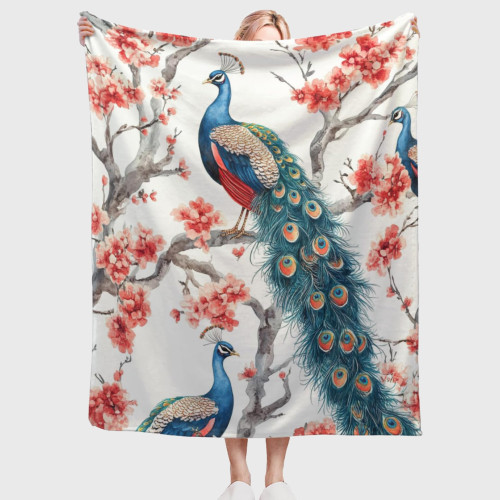 Plum Blossoms Peacock Fleece Blanket